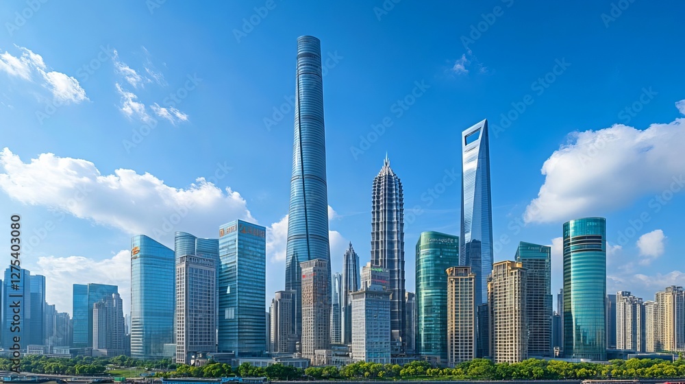 Obraz premium A contemporary office building stands tall in the Lujiazui district of Shanghai, embodying the city's rapid modernization. Its sleek facade reflects the vibrant energy of this financial hub
