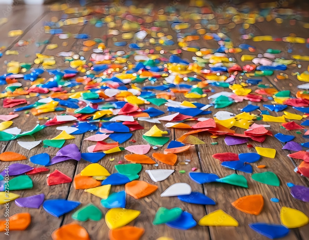 Obraz premium Colorful Confetti Scattered on Wooden Floor