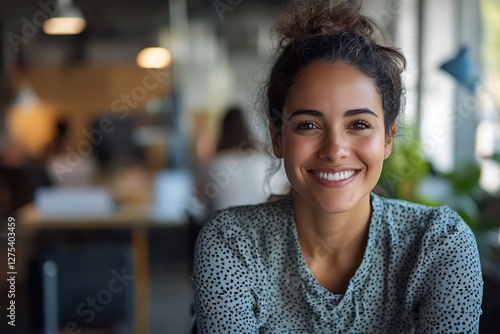 Smiling woman, office, work, background blur, portrait