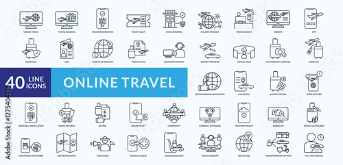 Online travel icon collection set with online reservation, hotel booking, virtual tour, photography services, tour guide
