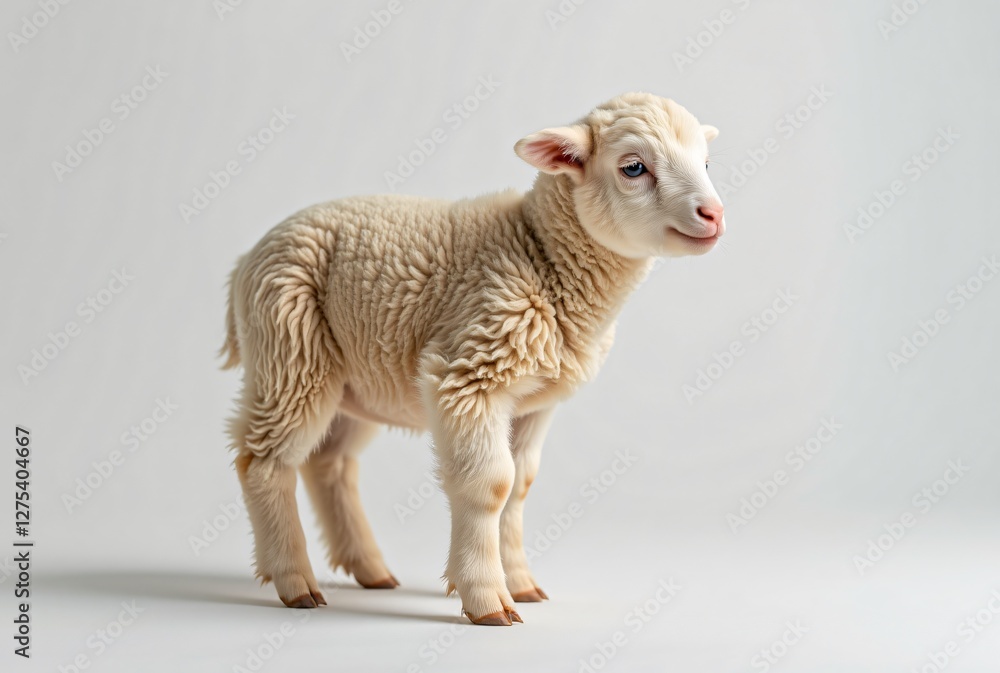 Fototapeta premium Lamb baby sheep white background. Cute, innocent animal for Easter, spring themes, cards, banners, ads. Copy space.