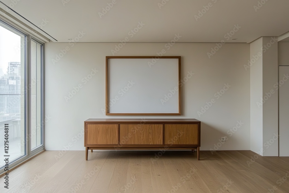 Modern apartment interior, empty frame, wooden cabinet Modern apartment interior, empty frame, wooden cabinet