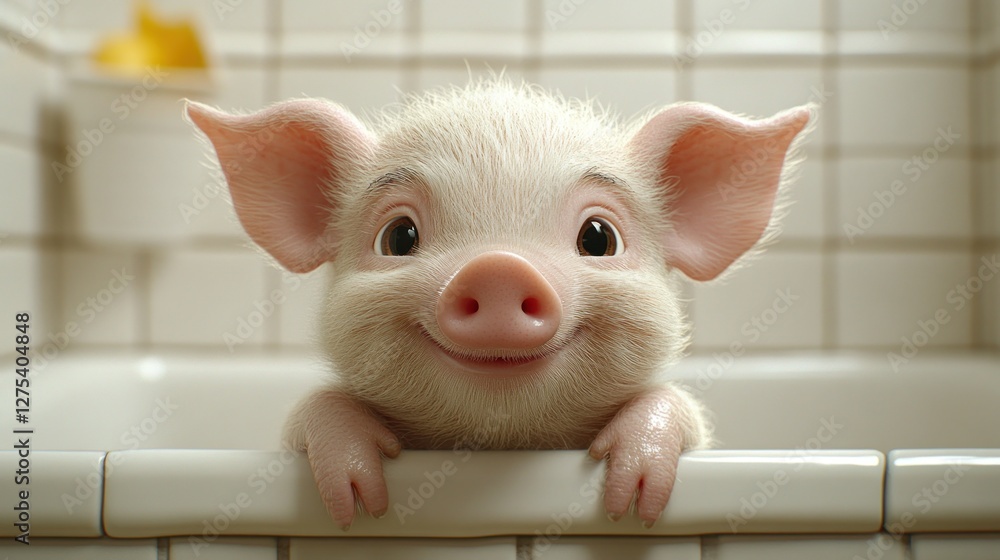 Fototapeta premium Happy piglet bath time, bathroom, clean