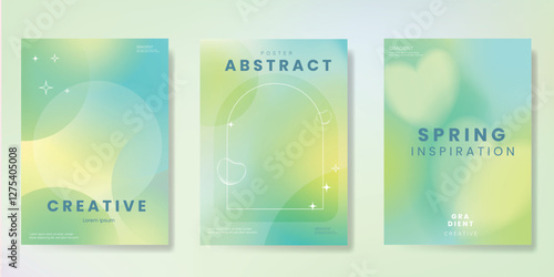 Modern gradient poster background vector set. Minimalist poster summer and spring cover template with green geometric, heart. Ideal design for social media, banner, card, ads.