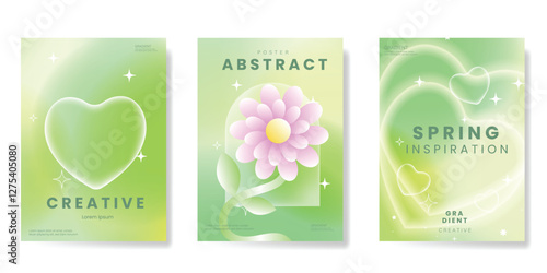 Modern gradient poster background vector set. Minimalist poster summer and spring cover template with green geometric, flower, heart. Ideal design for social media, banner, card, ads.