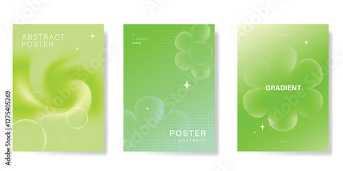 Modern gradient poster background vector set. Minimalist poster summer and spring cover template with green geometric, flower, dot halftone. Ideal design for social media, banner, card, ads.