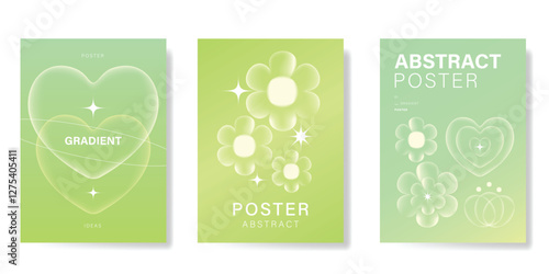Modern gradient poster background vector set. Minimalist poster summer and spring cover template with green geometric, flower, heart. Ideal design for social media, banner, card, ads.