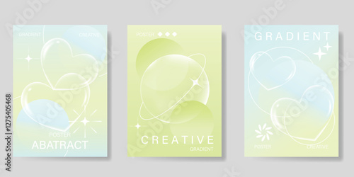 Modern gradient poster background vector set. Minimalist poster summer and spring cover template with green geometric, heart, saturn. Ideal design for social media, banner, card, ads.