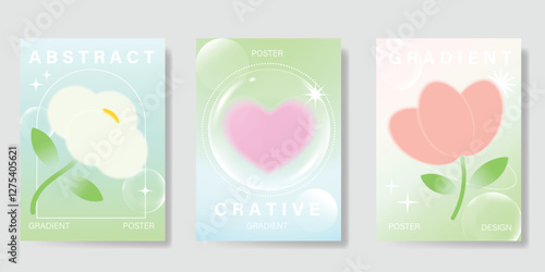 Modern gradient poster background vector set. Minimalist poster summer and spring cover template with green geometric, heart, flower. Ideal design for social media, banner, card, ads.