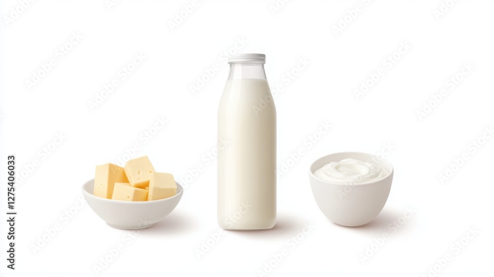 A bottle of fresh farm milk next to a bowl of creamy yogurt and a small plate of cheese cubes