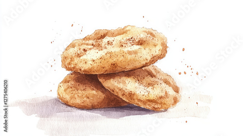 Artistic watercolor painting of freshly baked snickerdoodle cookies with cinnamon sugar dusting on a white background

