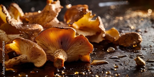 Glistening Saffron Milk Cap Mushrooms on Dark Wet Surface.