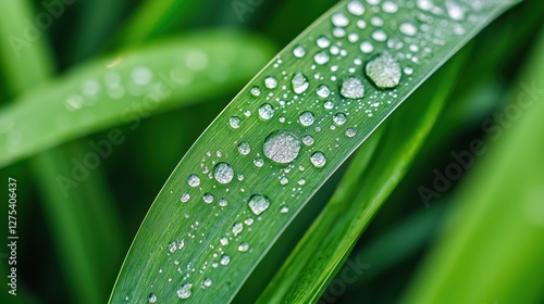 A single blade of grass with dewdrops clinging to it, capturing the beauty of nature details. photo