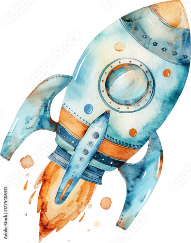 Watercolor cute rocket for kid.