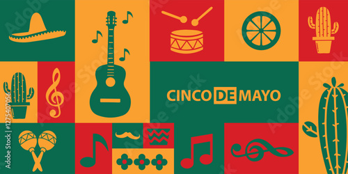 collection of colorful Cinco de Mayo banner template background for mexico independence celebration with music and giutar, flowers, decorations and copy space for text.