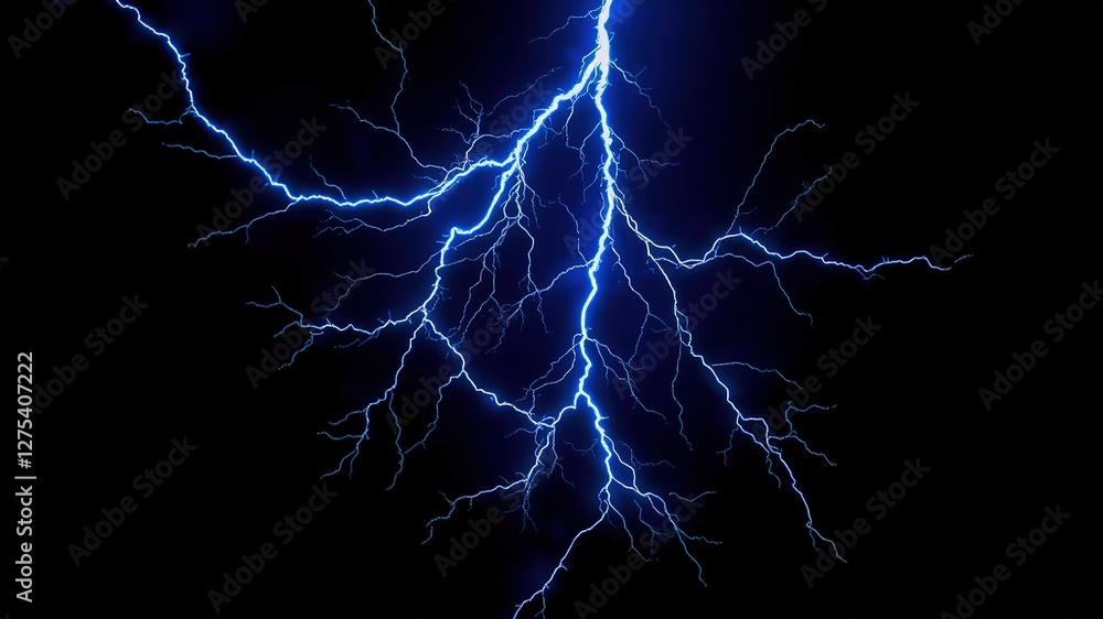 Fototapeta premium Electric Blue Lightning Bolts, Dynamic Energy, Black Background, High-Quality AI Photo