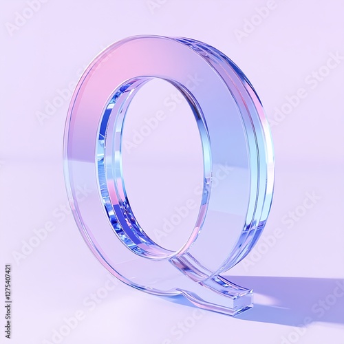 Glass Letter Q: Iridescent, translucent beauty on a pale purple backdrop.  Subtle light play creates a calming aesthetic.