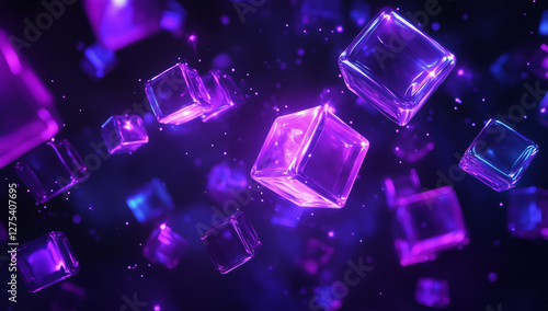 Abstract dark background with purple and blue glowing cubes floating around