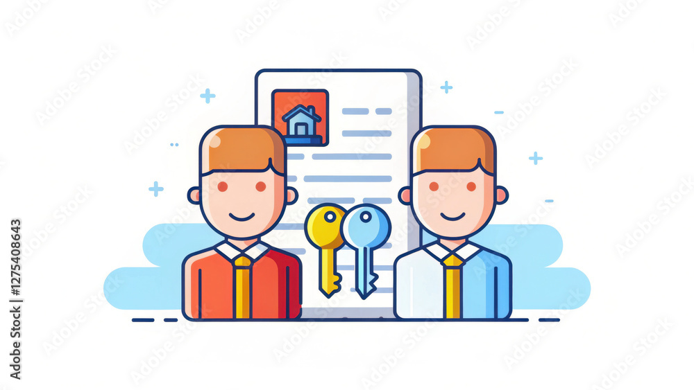 illustration of landlord handing over keys to tenant, symbolizing rental agreement. image features two cartoon characters with contract in background, emphasizing real estate transactions illustration of landlord handing over keys to tenant, symbolizing rental agreement. image features two cartoon characters with contract in background, emphasizing real estate transactions