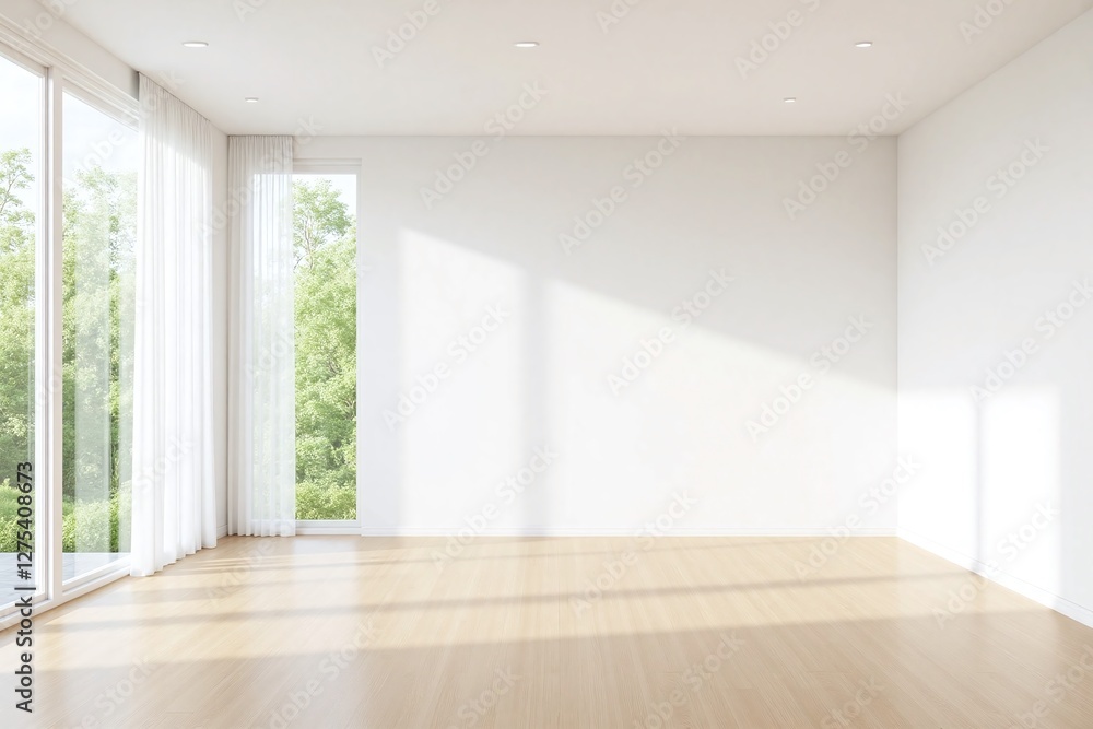 Fototapeta premium Empty room with wooden flooring large windows white walls green view