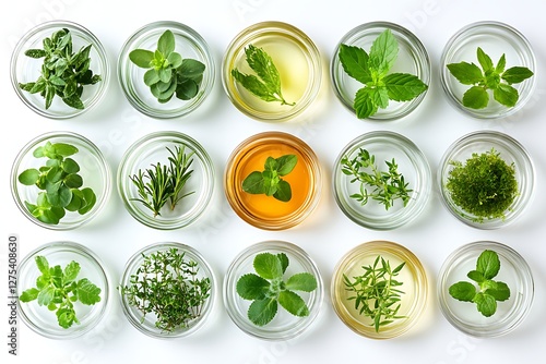Assorted herbs in petri dishes, white background, oil/honey