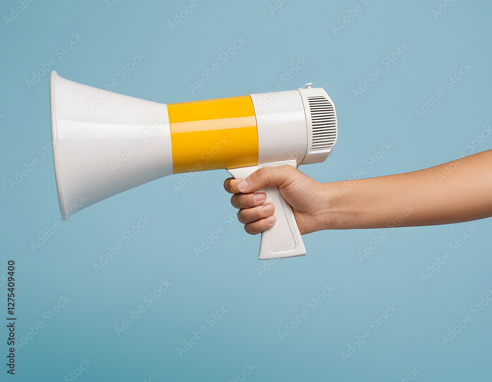 Close-up of a woman gripping a megaphone against a solid blue background Close-up of a woman gripping a megaphone against a solid blue background