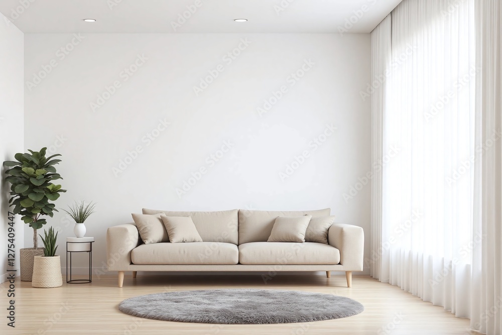 Fototapeta premium Modern living room large window beige sofa side tables potted plants