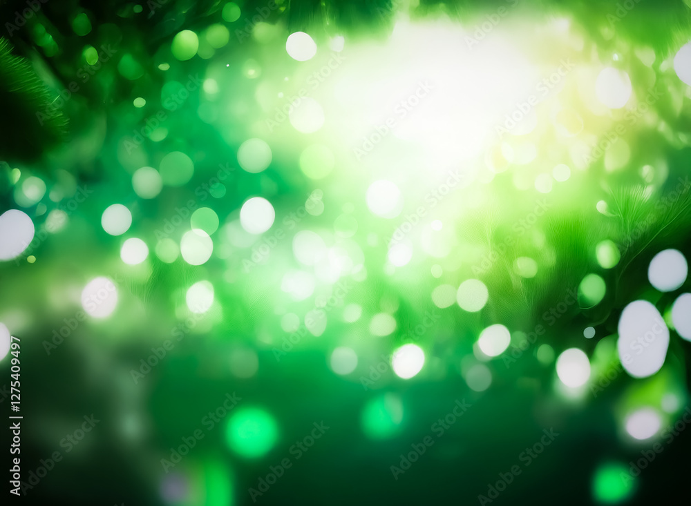Obraz premium Luminous green bokeh creates a dreamy, ethereal atmosphere. Soft, blurry lights evoke a magical, serene feeling with vibrant emerald tones.