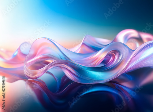 Wallpaper Mural Abstract flowing iridescent shape with smooth, glossy surface reflects light. Vibrant colors blend in a fluid motion against a blurred gradient background, creating a dynamic and modern aesthetic. Torontodigital.ca