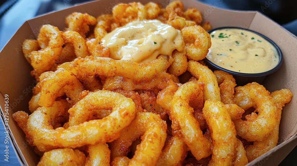 A cardboard box of curly fries served with a creamy cheese dip A cardboard box of curly fries served with a creamy cheese dip
