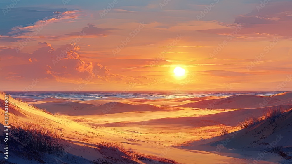 Obraz premium Golden sand dunes under a setting sun, desert landscape, vast and serene 