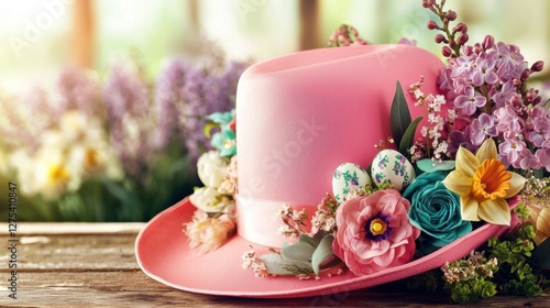 A pink cowboy hat adorned with colorful flowers and Easter eggs sits on a wooden table.