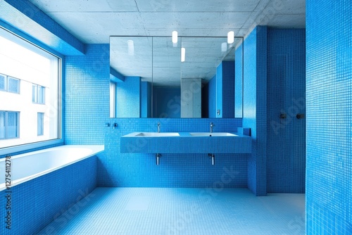 Modern Blue Bathroom with City View photo