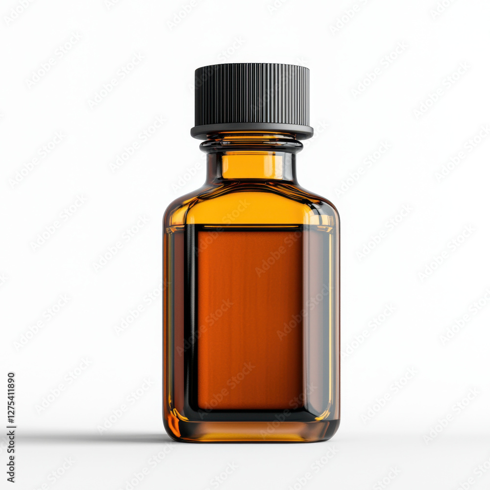 Amber glass bottle with black cap on white background, showcasing clean and minimalistic design. bottle is suitable for storing liquids like antiseptics or essential oils Amber glass bottle with black cap on white background, showcasing clean and minimalistic design. bottle is suitable for storing liquids like antiseptics or essential oils