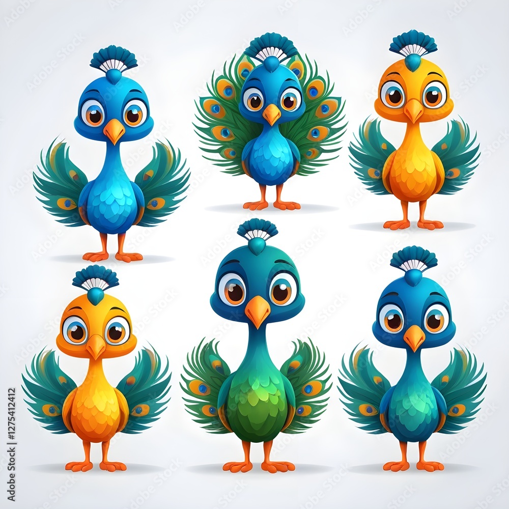 Fototapeta premium Cute Cartoon Peacocks Collection