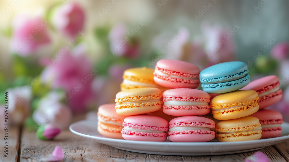 Fototapeta premium National Macaroon Day, A pile of colorful macaroons with crunchy texture and soft filling, placed on a white porcelain plate, Ai generated images