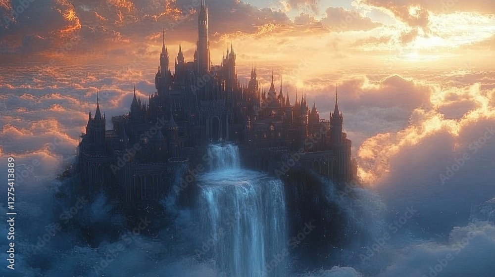 Fototapeta premium A whimsical fantasy castle floating in the clouds with waterfalls cascading, magical and dreamlike