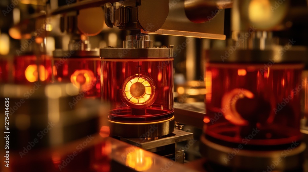 Fototapeta premium Close-Up of Industrial Machinery with Glowing Red Components