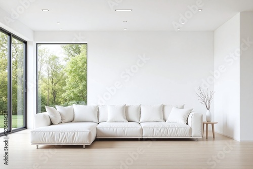 Modern living room large white sofa window view side table plants