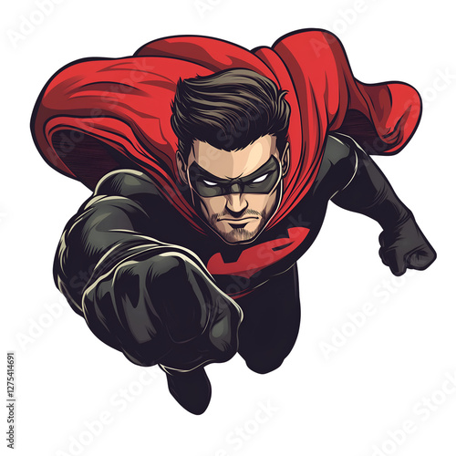 A caped hero landing in a dramatic pose, Isolated on transparent or white background cut out, Superheroes and Comic Style Action clip art concept