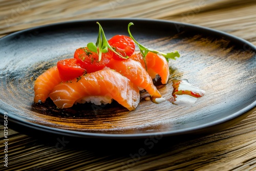 Exquisite salmon nigiri sushi topped with vibrant tomatoes and fresh herbs elevates Japanese cuisine dining experience. photo