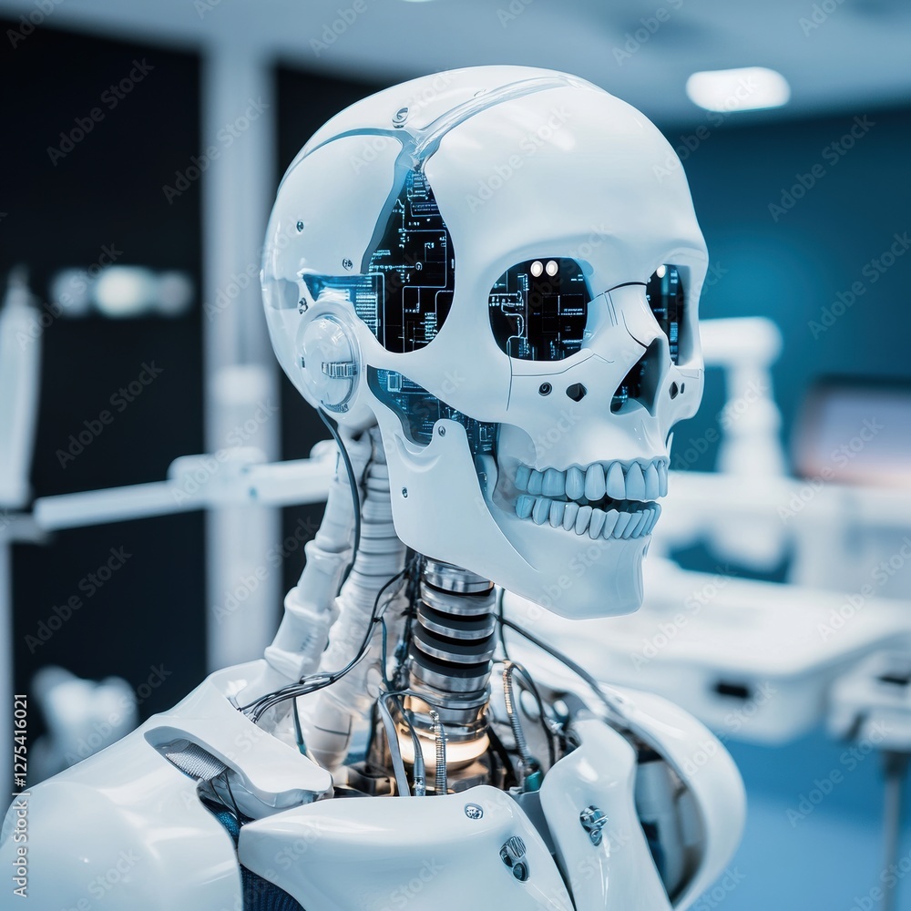 Advanced robotic skeleton demonstration laboratory technology showcase high-tech environment close-up perspective future concepts