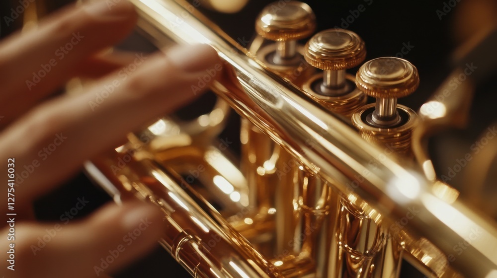 Obraz premium Close-up of a trumpet being played, with the player's hands gripping the valves and golden brass reflecting light.