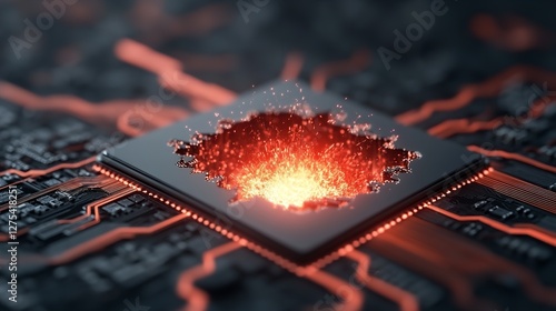 Red glow emanates from a computer chip with circuitry and intricate patterns at night