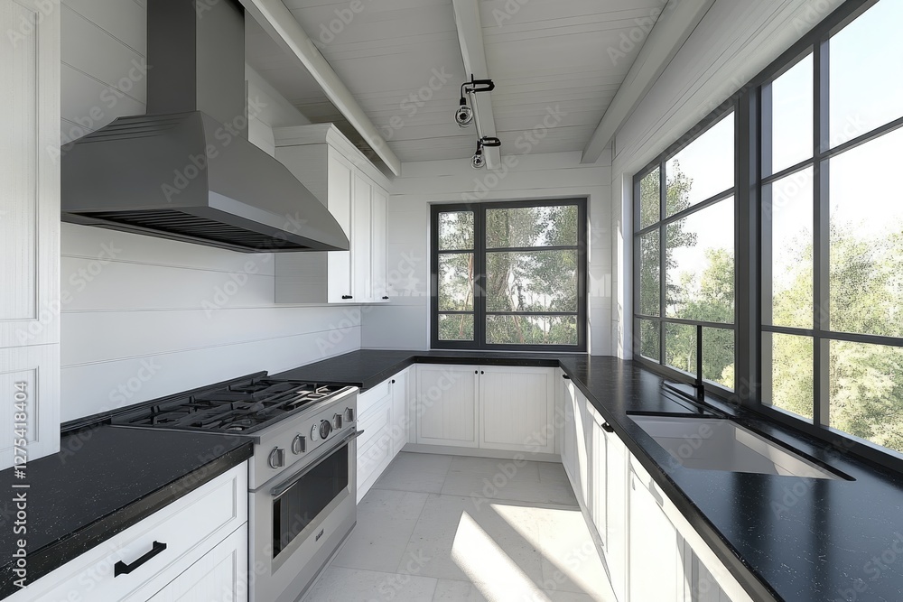 Modern Farmhouse Kitchen with Large Windows Modern Farmhouse Kitchen with Large Windows