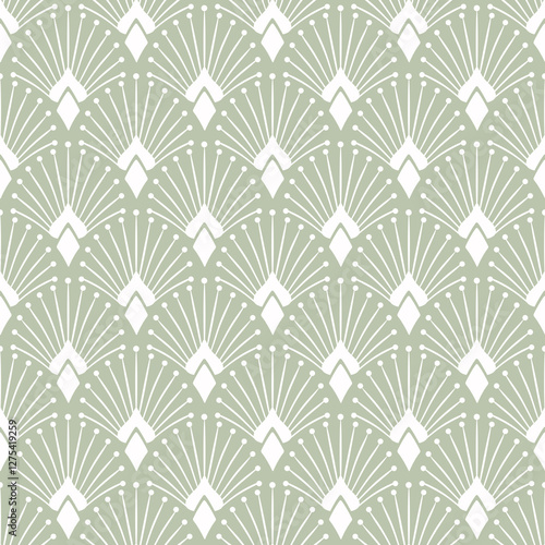 Seamless art deco pattern. White ornament on a light green background.