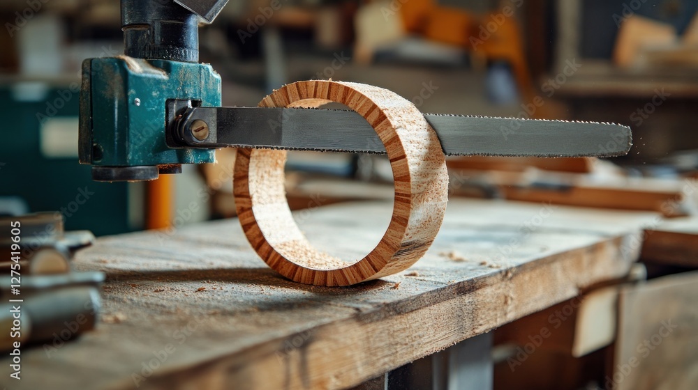 Precision Woodworking: Band Saw Cuts a Circular Wooden Piece Precision Woodworking: Band Saw Cuts a Circular Wooden Piece
