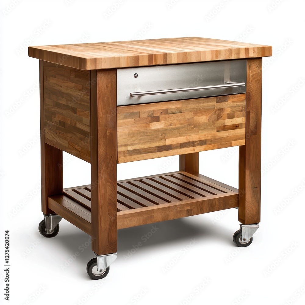 Compact rolling kitchen island with butcher block top isolated on white Compact rolling kitchen island with butcher block top isolated on white