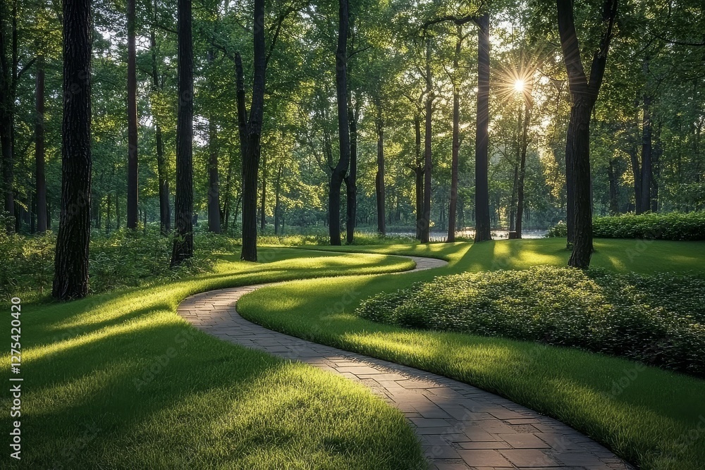 Beautiful green lawn with trees, sunlight through coniferous leaves, and a winding stone path leading to a distant lake. A wide-angle summer landscape in a park or garden. Beautiful green lawn with trees, sunlight through coniferous leaves, and a winding stone path leading to a distant lake. A wide-angle summer landscape in a park or garden.