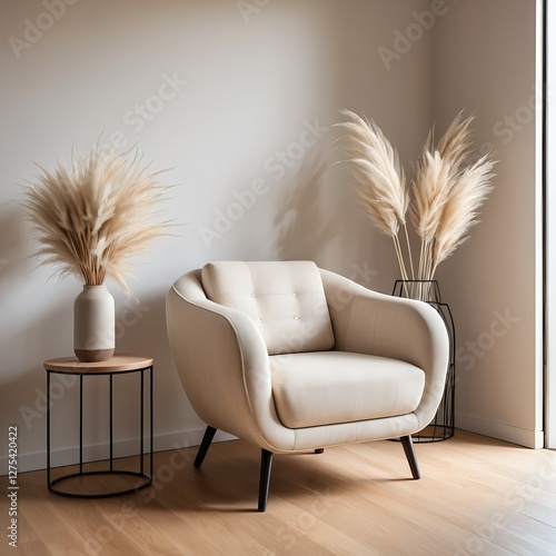 Beige Armchair in Minimalist Interior with Pampas Grass